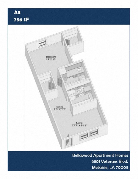 Floor plan for 1 bed, 1 bath, 780 sqft