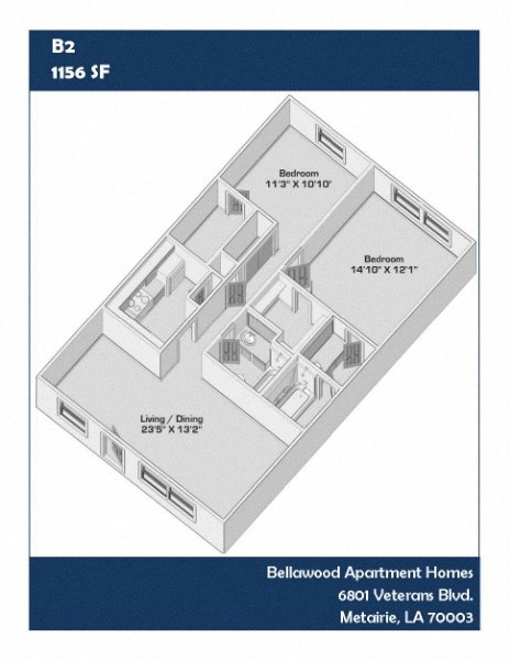 Floor plan for 2 beds, 2 baths, 1280 sqft