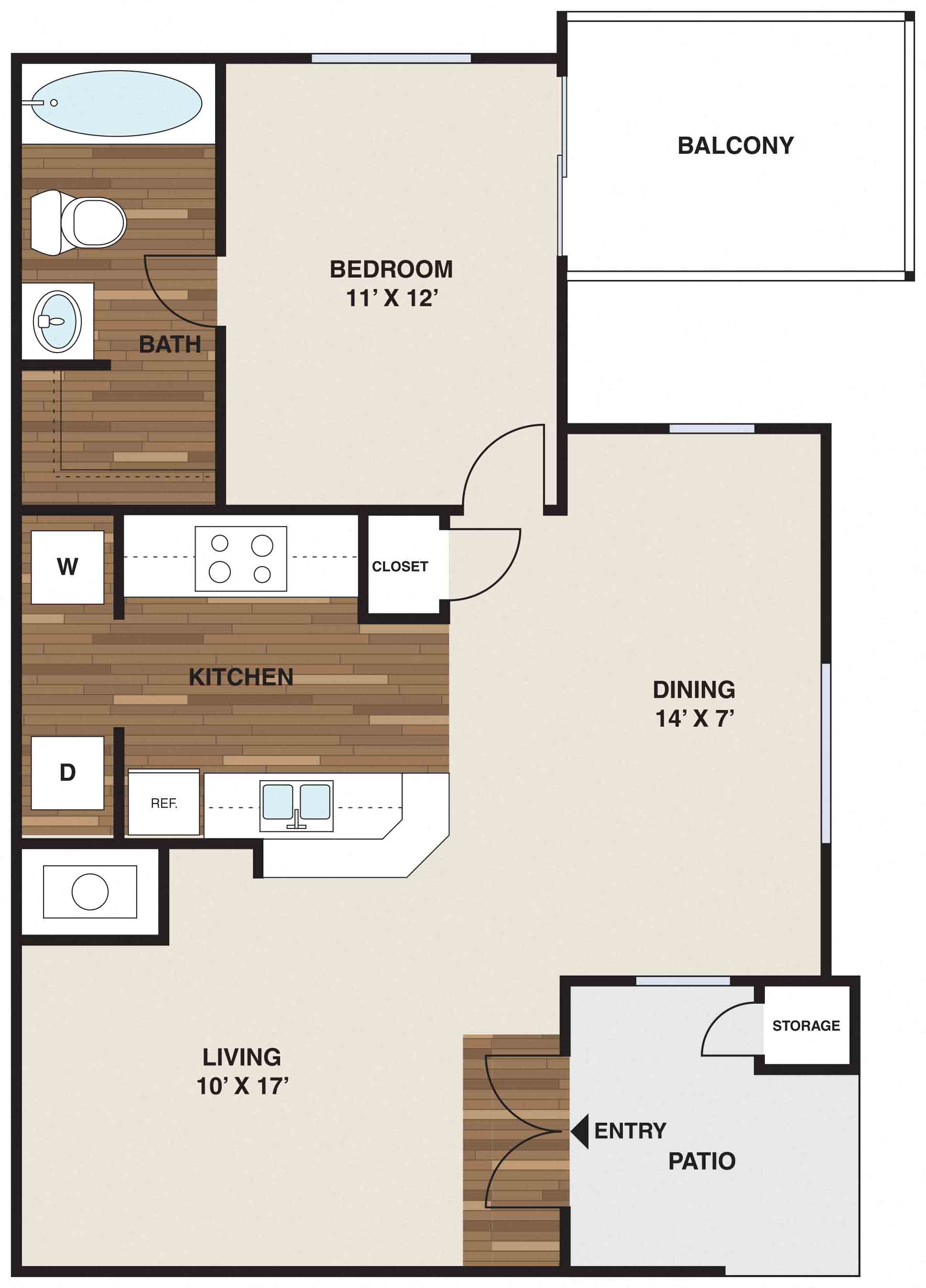 Floor plan for 1 bed, 1 bath, 653 sqft