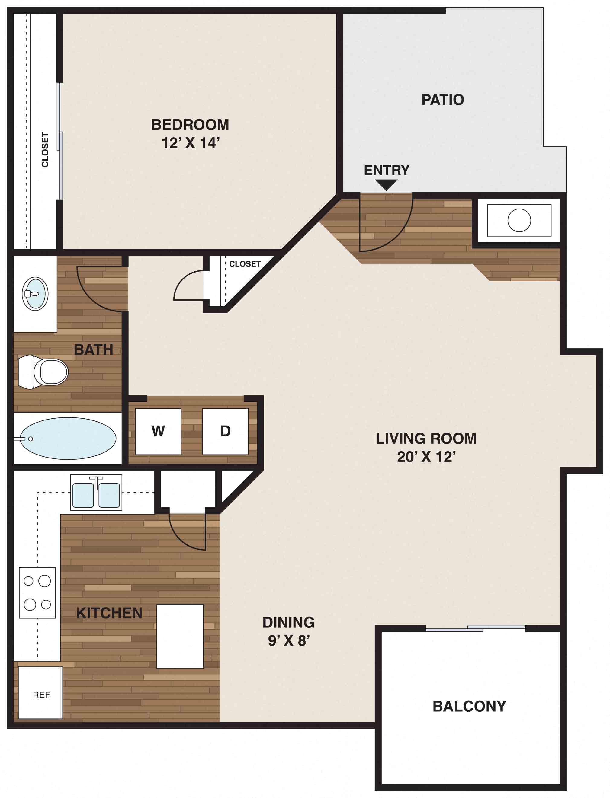 Floor plan for 1 bed, 1 bath, 788 sqft