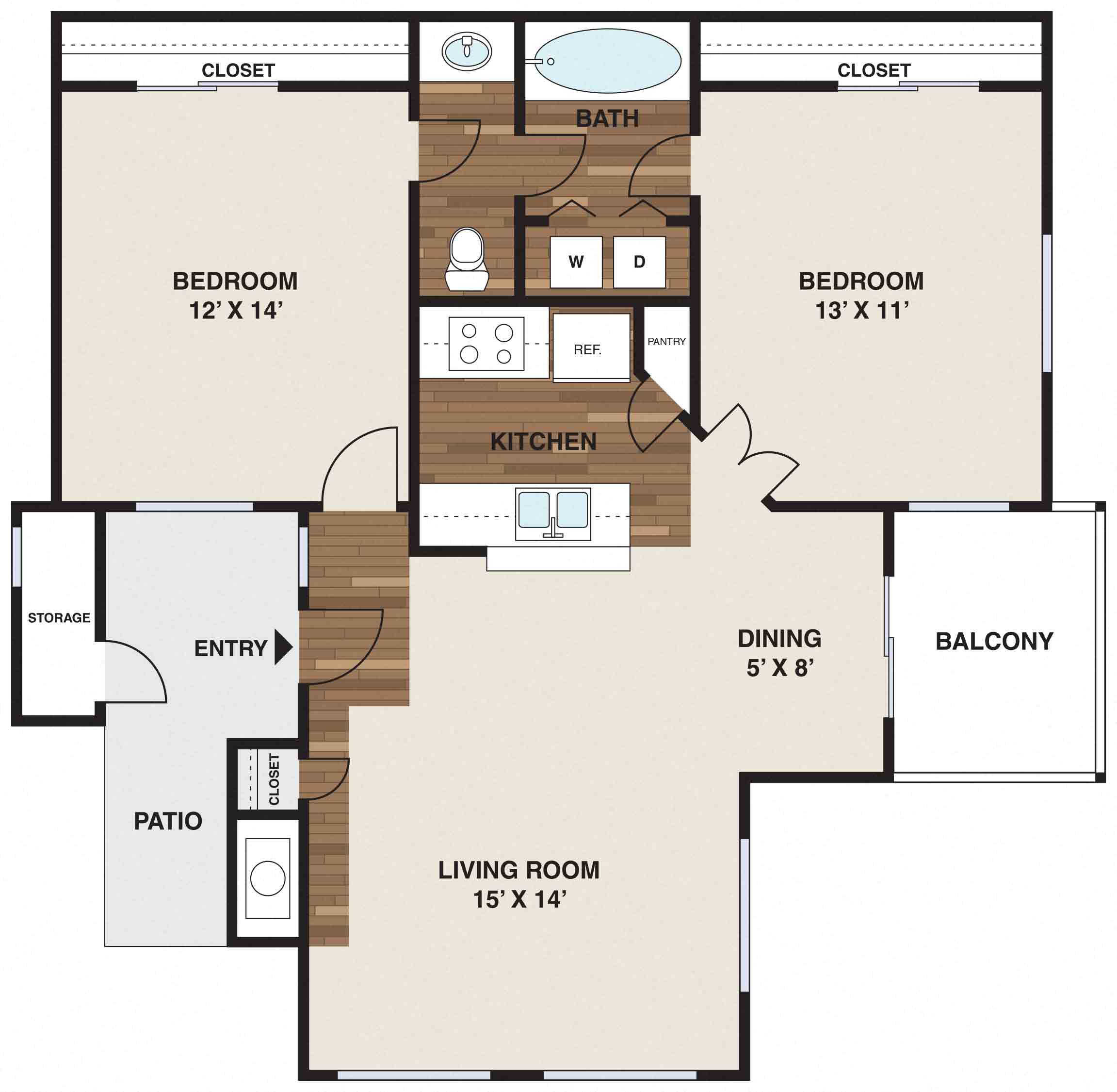 Floor plan for 2 beds, 1 bath, 889 sqft