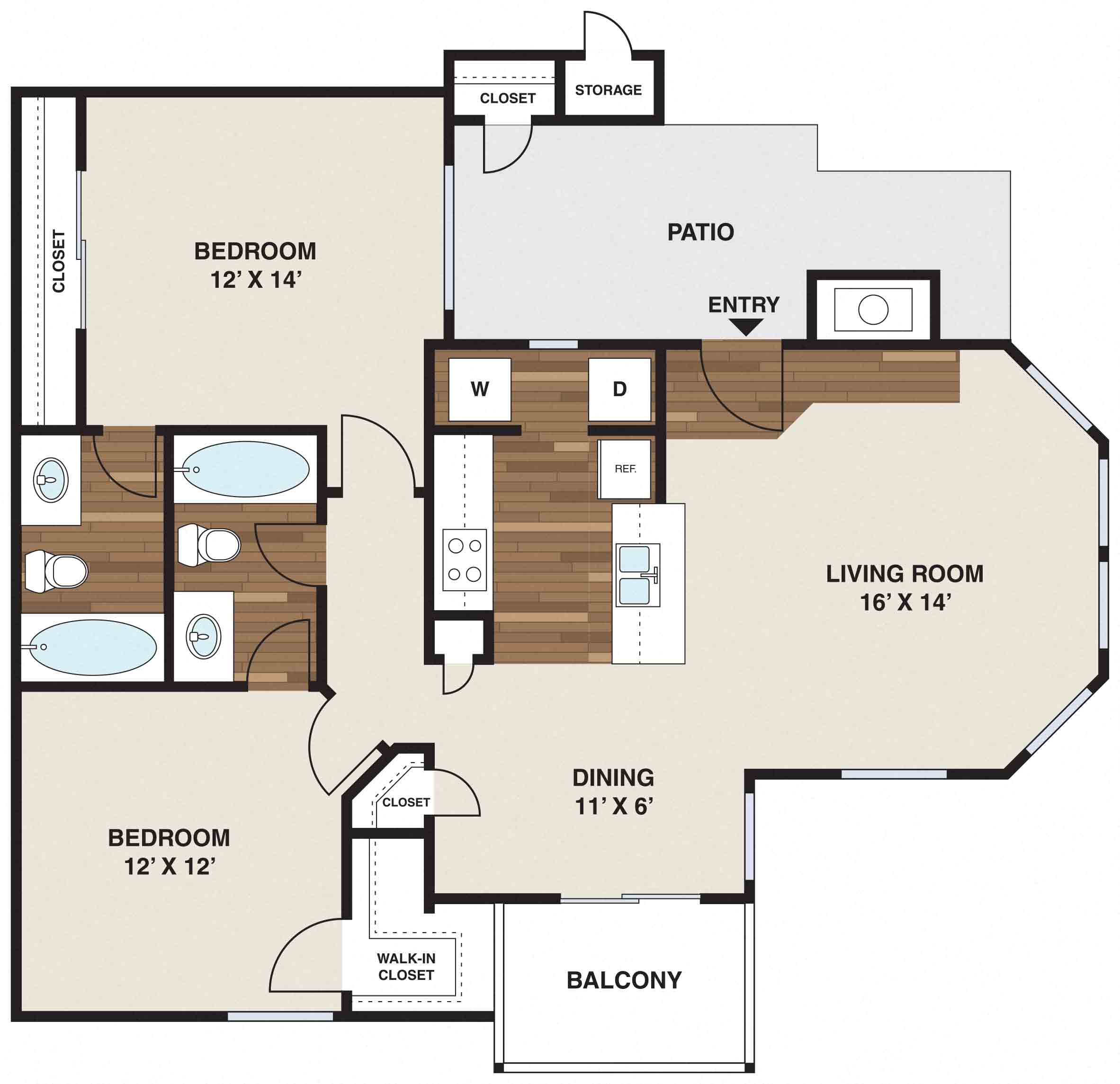 Floor plan for 2 beds, 2 baths, 965 sqft