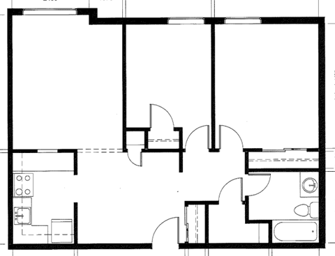 Floor plan for 2 beds, 1 bath, 771 sqft