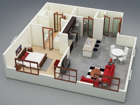 Floor plan for 1 bed, 1 bath, 836 sqft