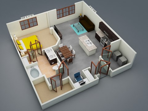 Floor plan for 1 bed, 1 bath, 858 sqft