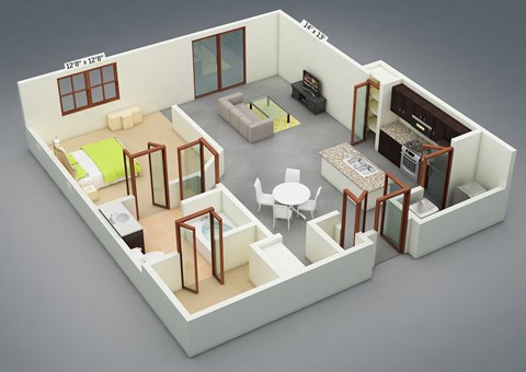 Floor plan for 1 bed, 1 bath, 845 sqft