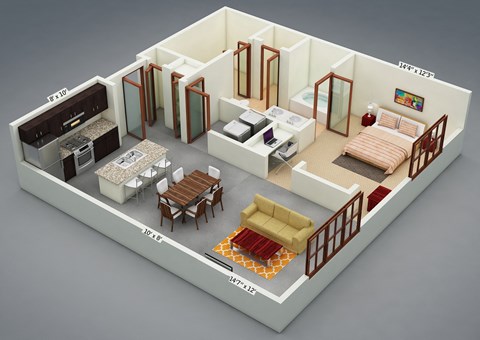 Floor plan for 1 bed, 1 bath, 902 sqft