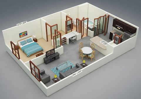 Floor plan for 1 bed, 1 bath, 620 sqft