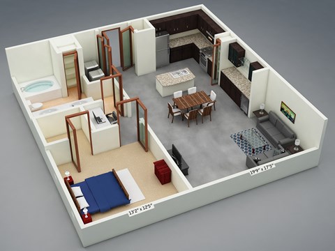 Floor plan for 1 bed, 1 bath, 884 sqft