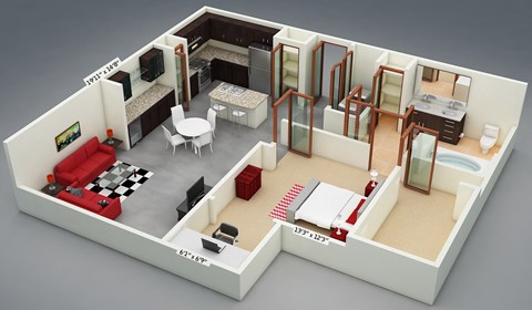 Floor plan for 1 bed, 1 bath, 918 sqft