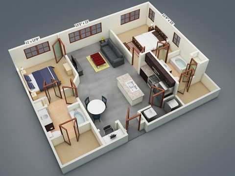 Floor plan for 2 beds, 2 baths, 1087 sqft
