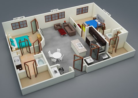 Floor plan for 2 beds, 2 baths, 1197 sqft