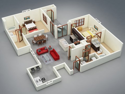Floor plan for 2 beds, 2 baths, 1406 sqft