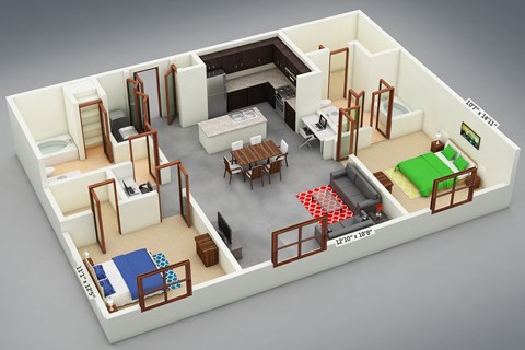 Floor plan for 2 beds, 2 baths, 1086 sqft