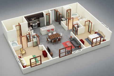Floor plan for 2 beds, 2 baths, 1196 sqft