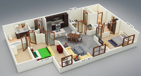 Floor plan for 2 beds, 2 baths, 1322 sqft
