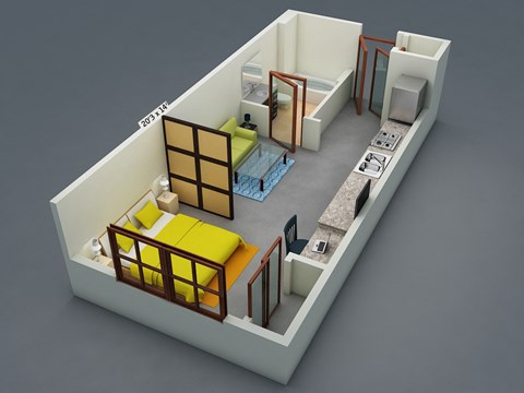 Floor plan for 1 bed, 1 bath, 417 sqft