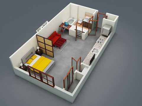 Floor plan for 1 bed, 1 bath, 498 sqft