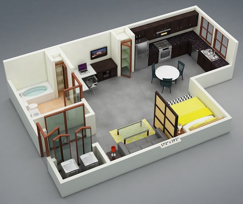 Floor plan for 1 bed, 1 bath, 517 sqft