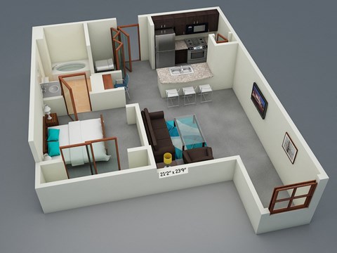 Floor plan for 1 bed, 1 bath, 586 sqft