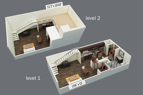 Floor plan for 1 bed, 1 bath, 633 sqft