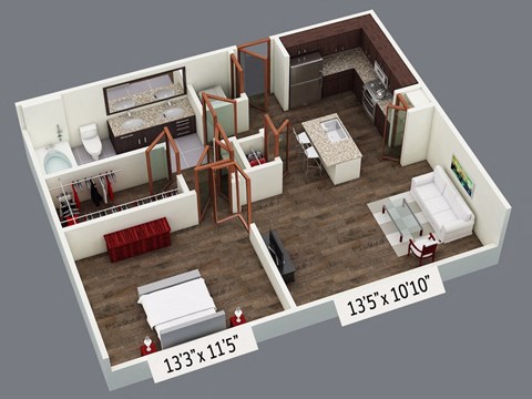 Floor plan for 1 bed, 1 bath, 965 sqft