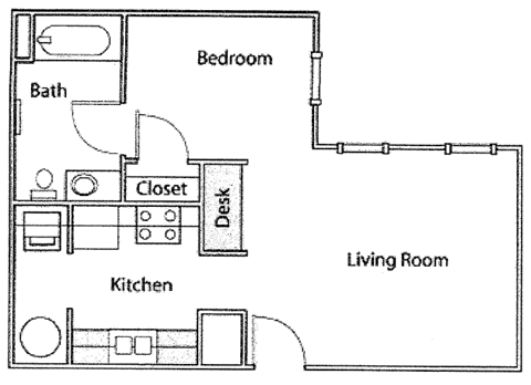 Floor plan for studio, 1 bath, 500 sqft