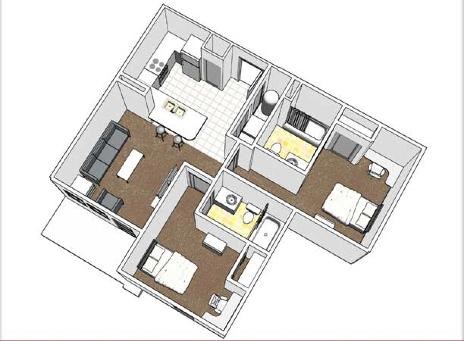 Floor plan for 2 beds, 2 baths, 425 sqft