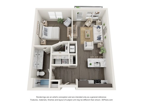 Floor plan for 1 bed, 1 bath, 723 sqft