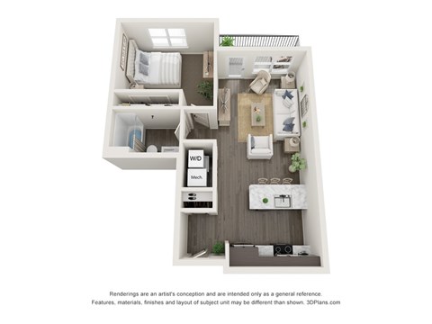 Floor plan for 1 bed, 1 bath, 663 sqft