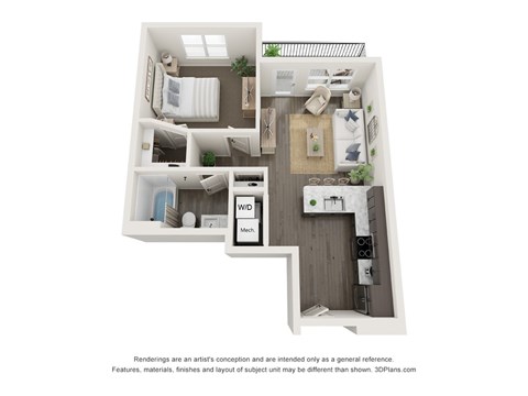 Floor plan for 1 bed, 1 bath, 643 sqft