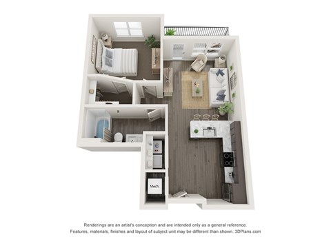 Floor plan for 1 bed, 1 bath, 690 sqft