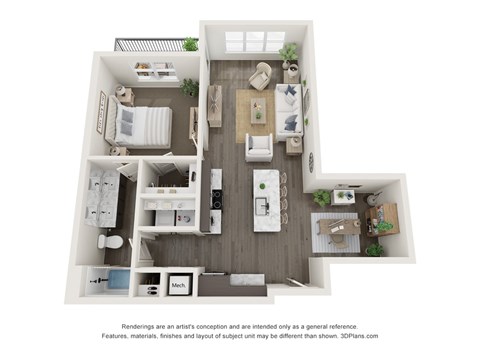 Floor plan for 1 bed, 1 bath, 901 sqft