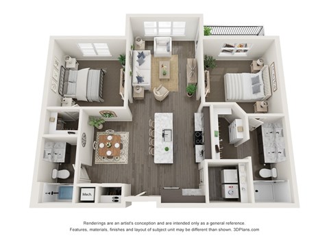 Floor plan for 2 beds, 2 baths, 1145 sqft
