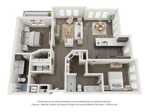 Floor plan for 2 beds, 2 baths, 1251 sqft