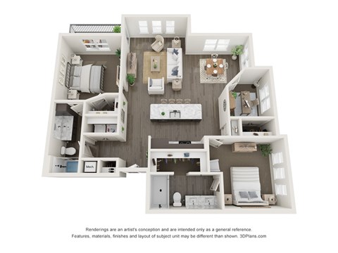Floor plan for 2 beds, 2 baths, 1366 sqft