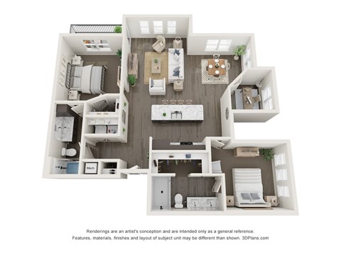 Floor plan for 2 beds, 2 baths, 1317 sqft