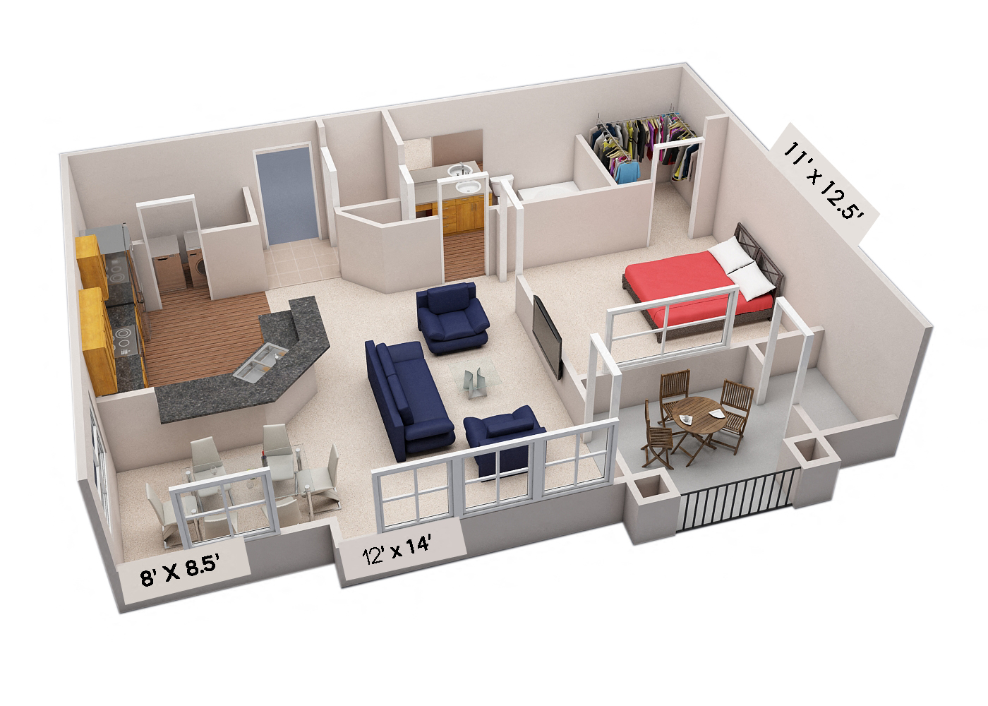 Floor plan for 1 bed, 1 bath, 710 sqft