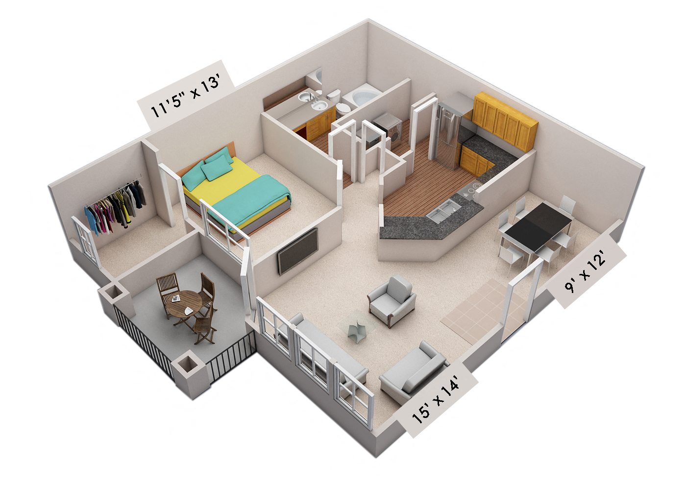 Floor plan for 1 bed, 1 bath, 800 sqft