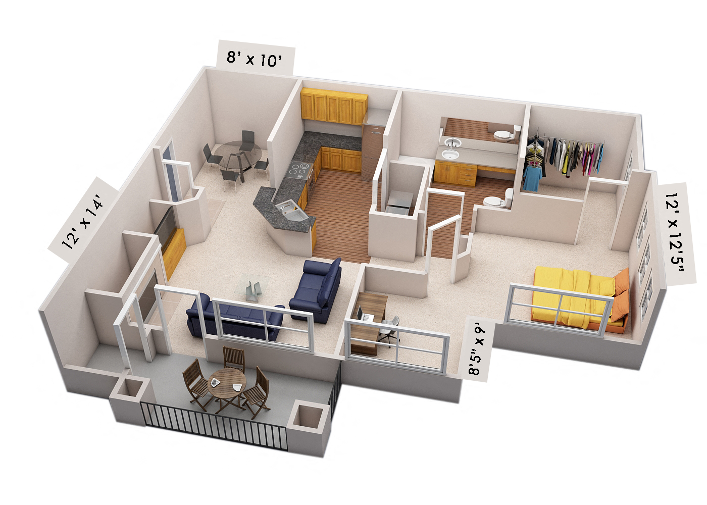 Floor plan for 1 bed, 1 bath, 875 sqft