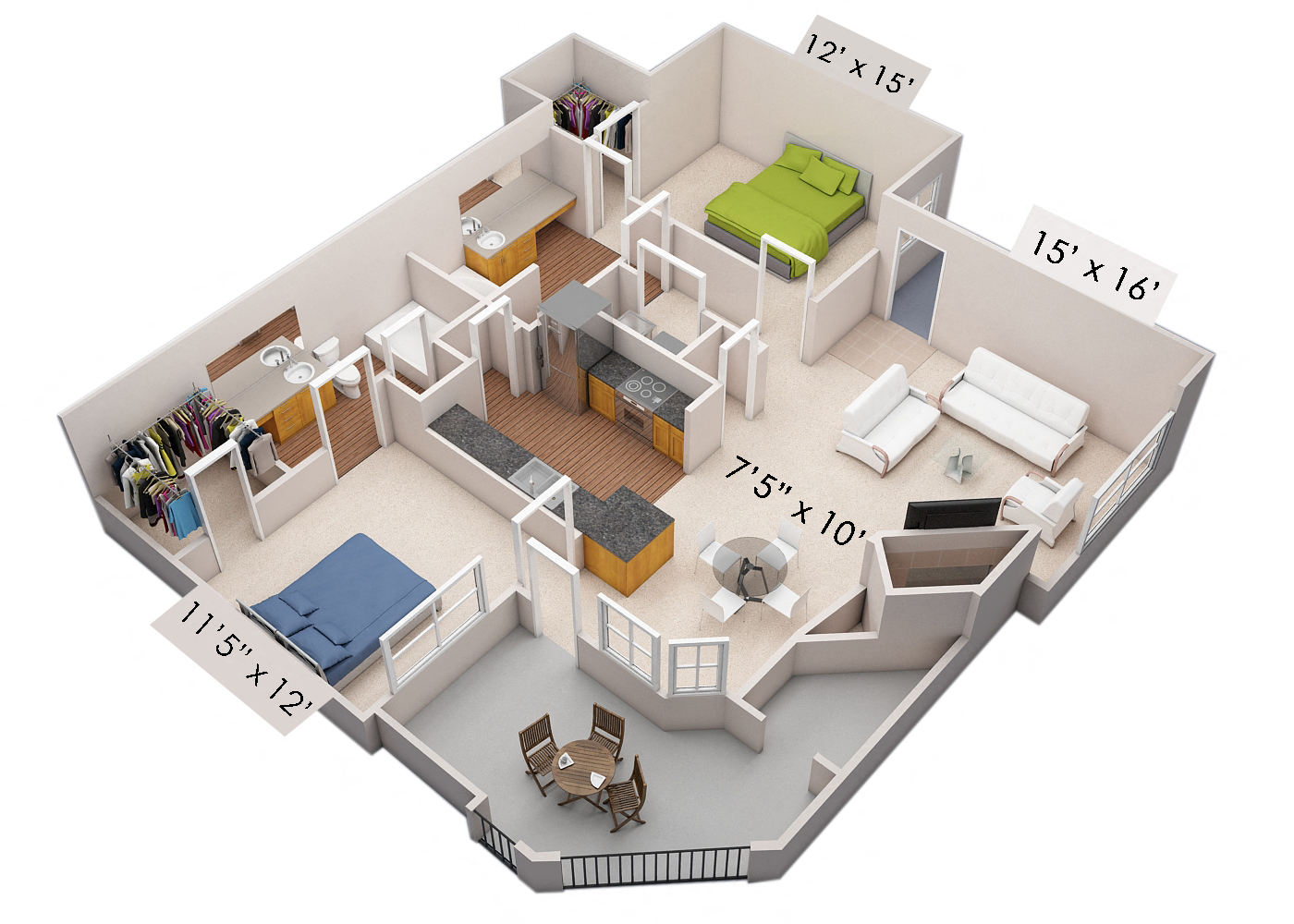 Floor plan for 2 beds, 2 baths, 1090 sqft