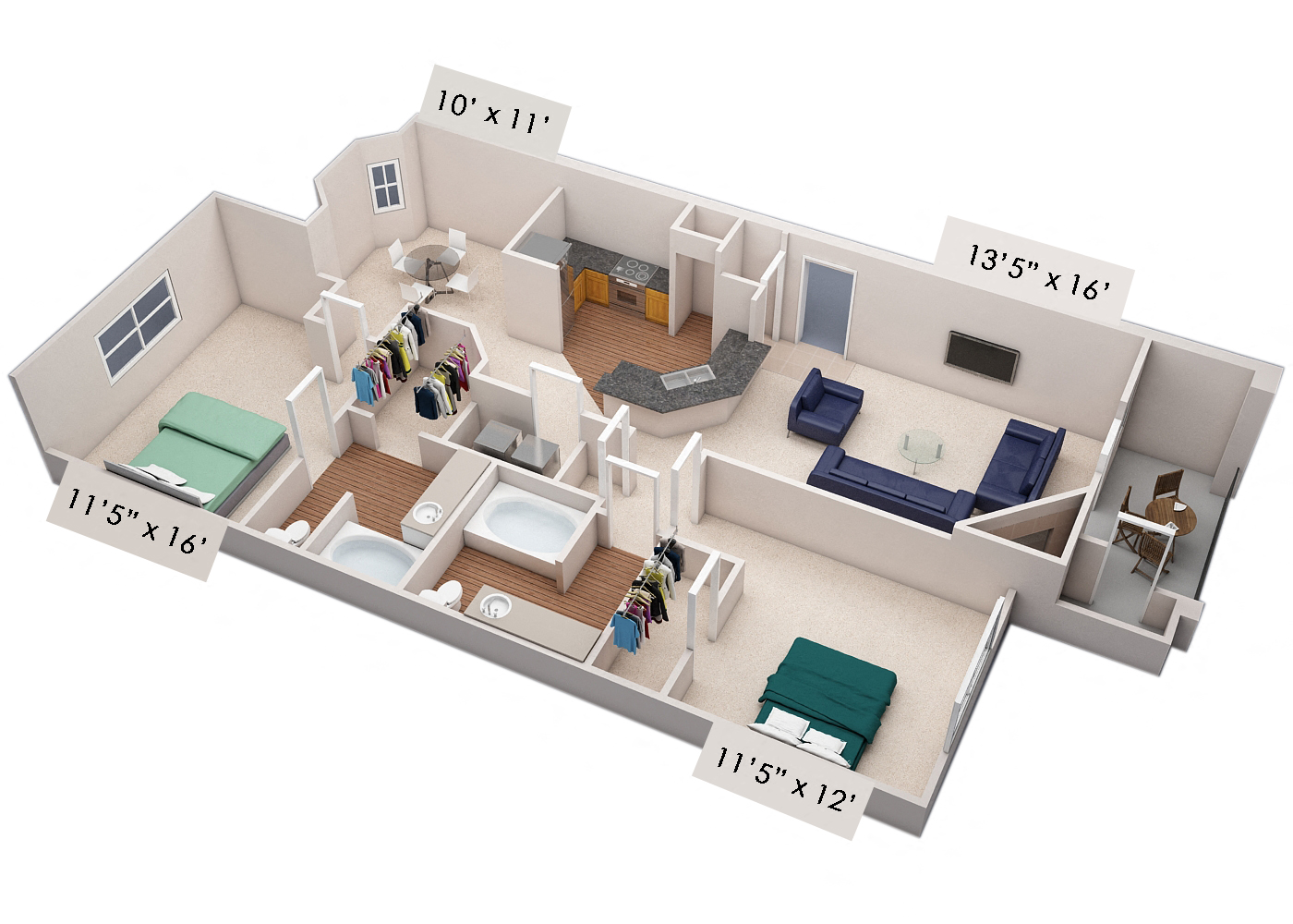 Floor plan for 2 beds, 2 baths, 1135 sqft