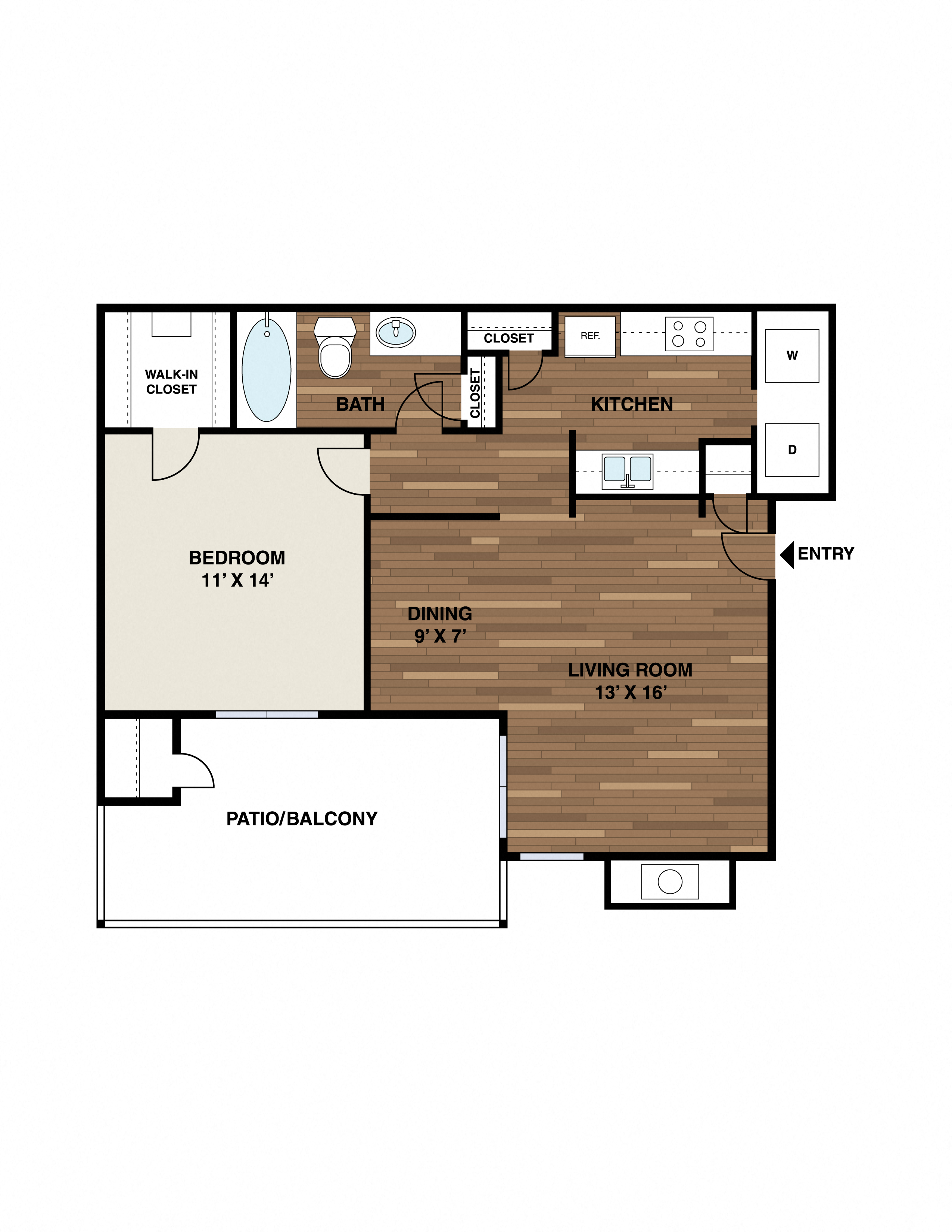 Floor plan for 1 bed, 1 bath, 703 sqft