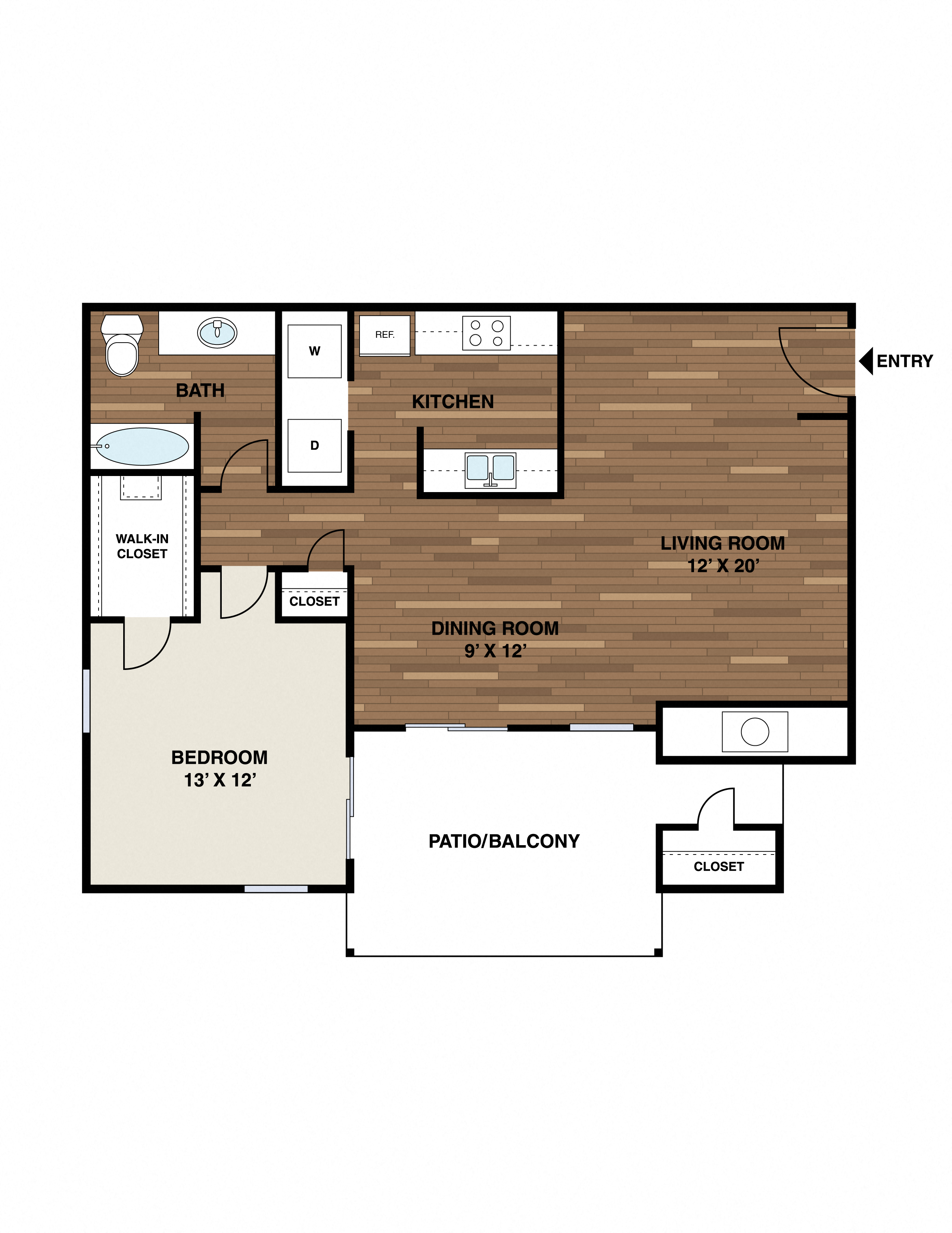 Floor plan for 1 bed, 1 bath, 794 sqft