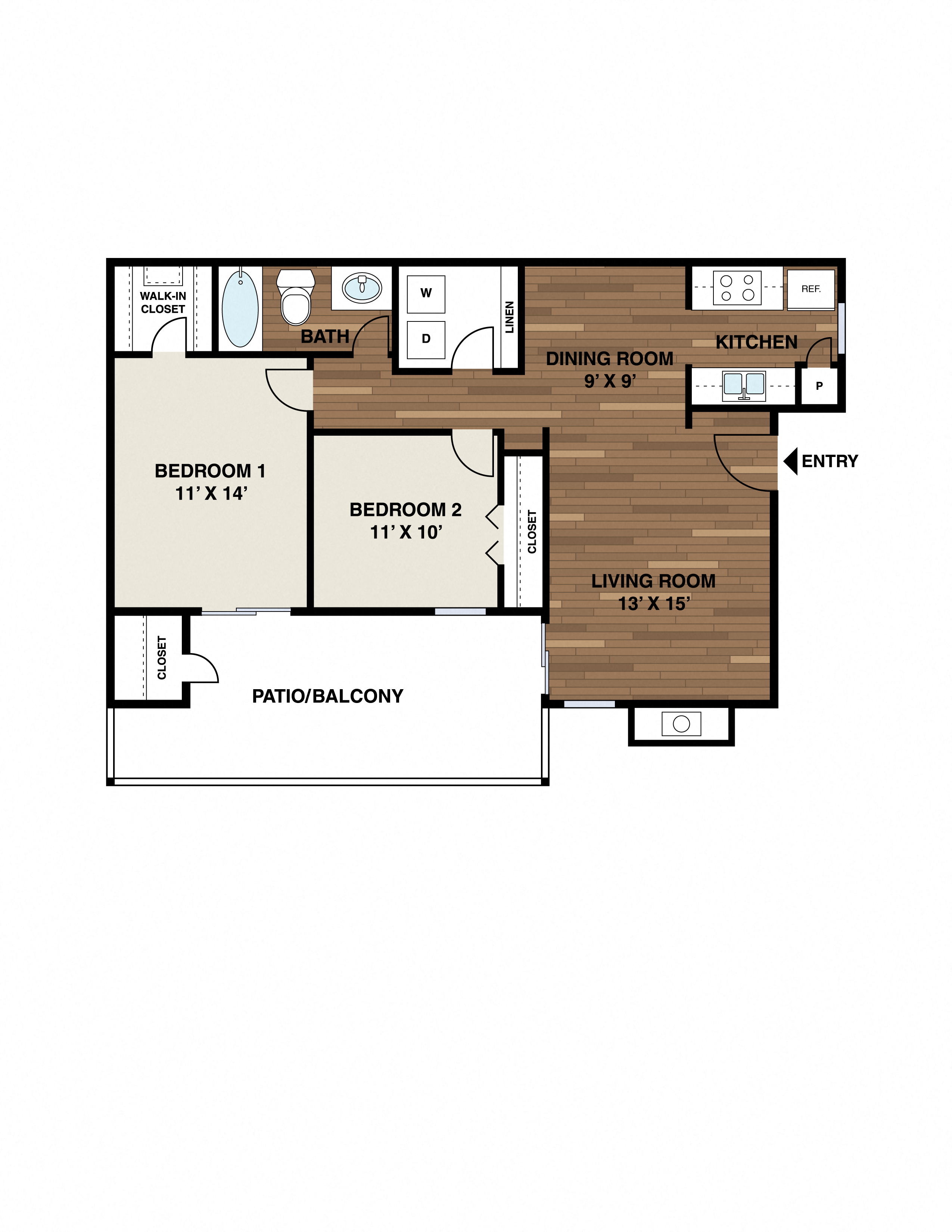 Floor plan for 2 beds, 1 bath, 853 sqft