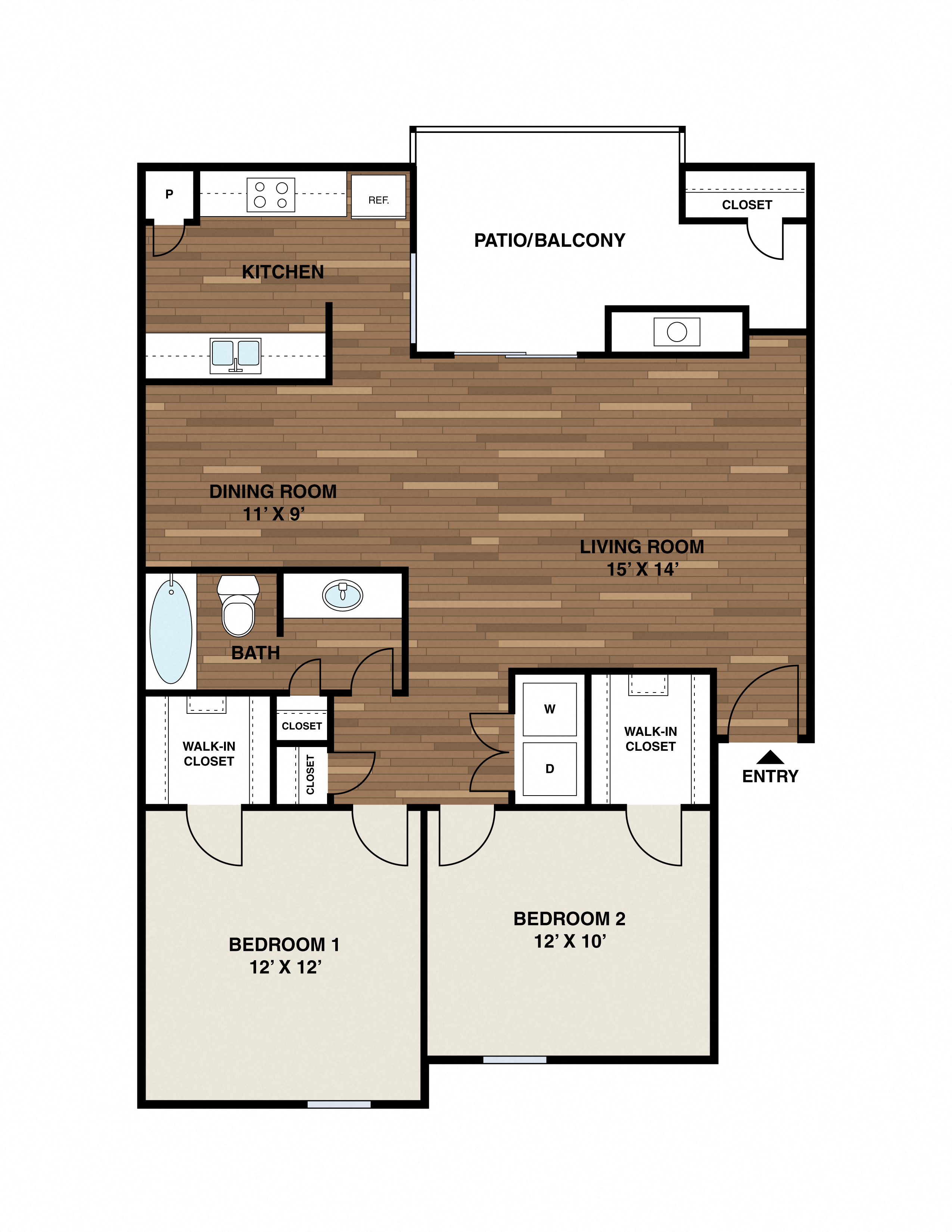 Floor plan for 2 beds, 1 bath, 910 sqft