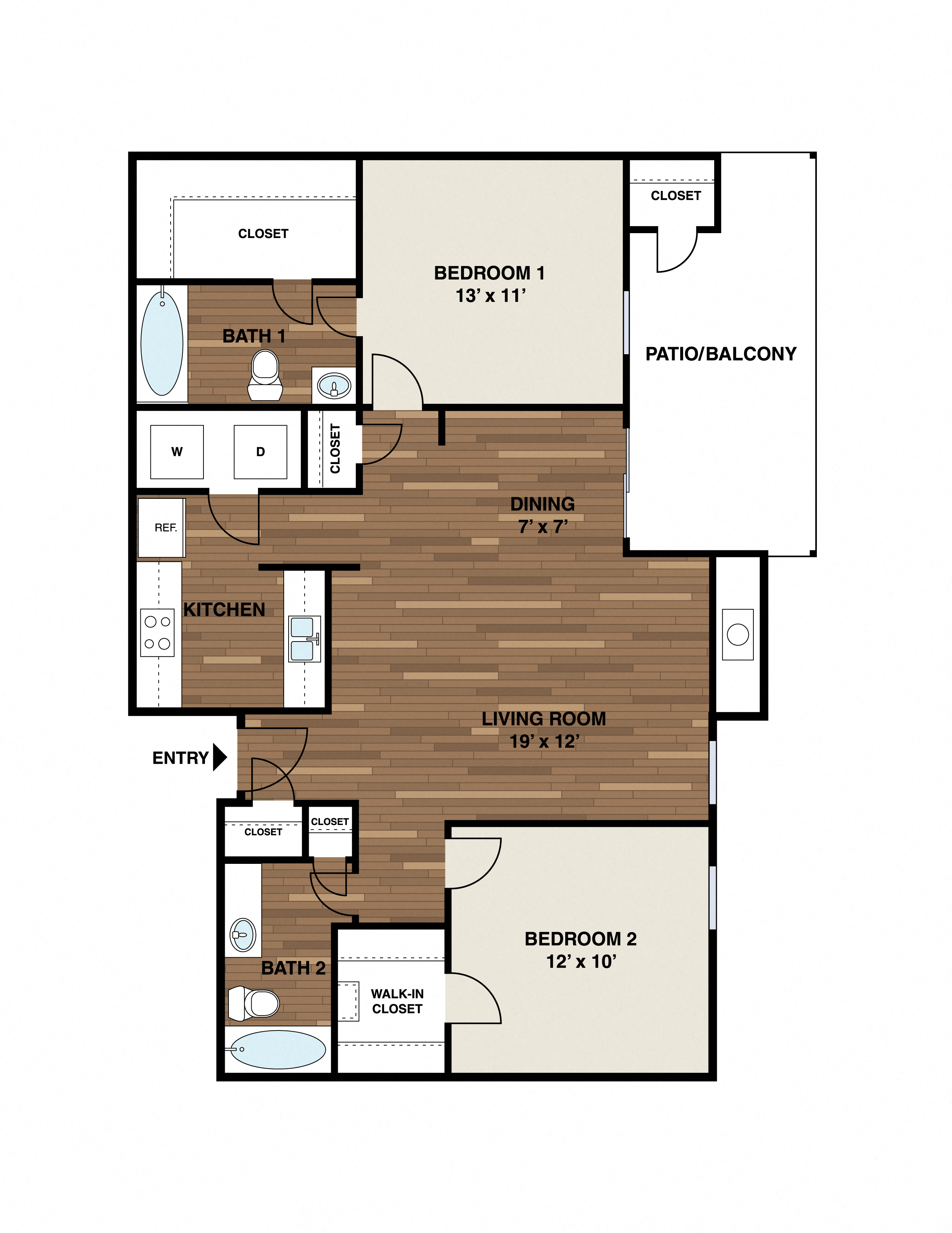 Floor plan for 2 beds, 2 baths, 985 sqft