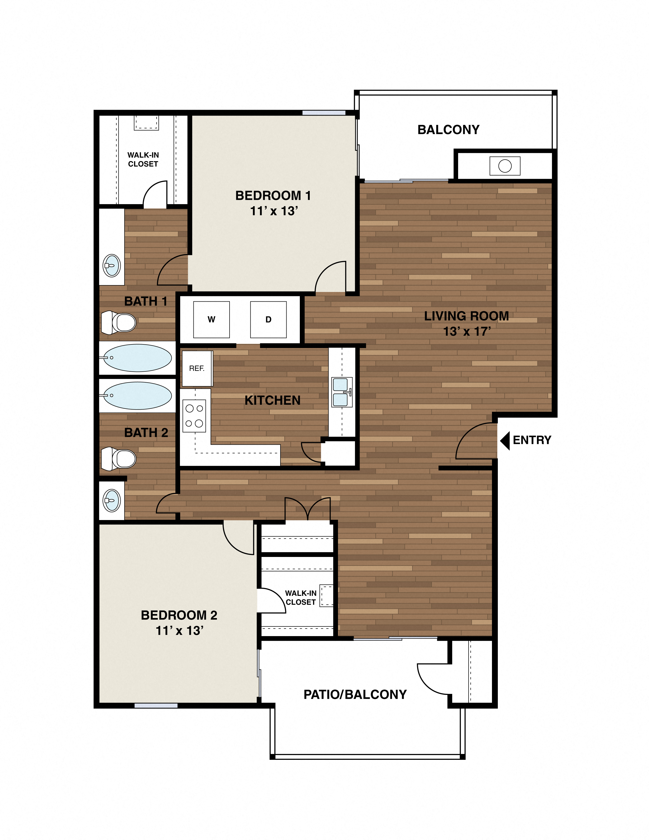 Floor plan for 2 beds, 2 baths, 1106 sqft