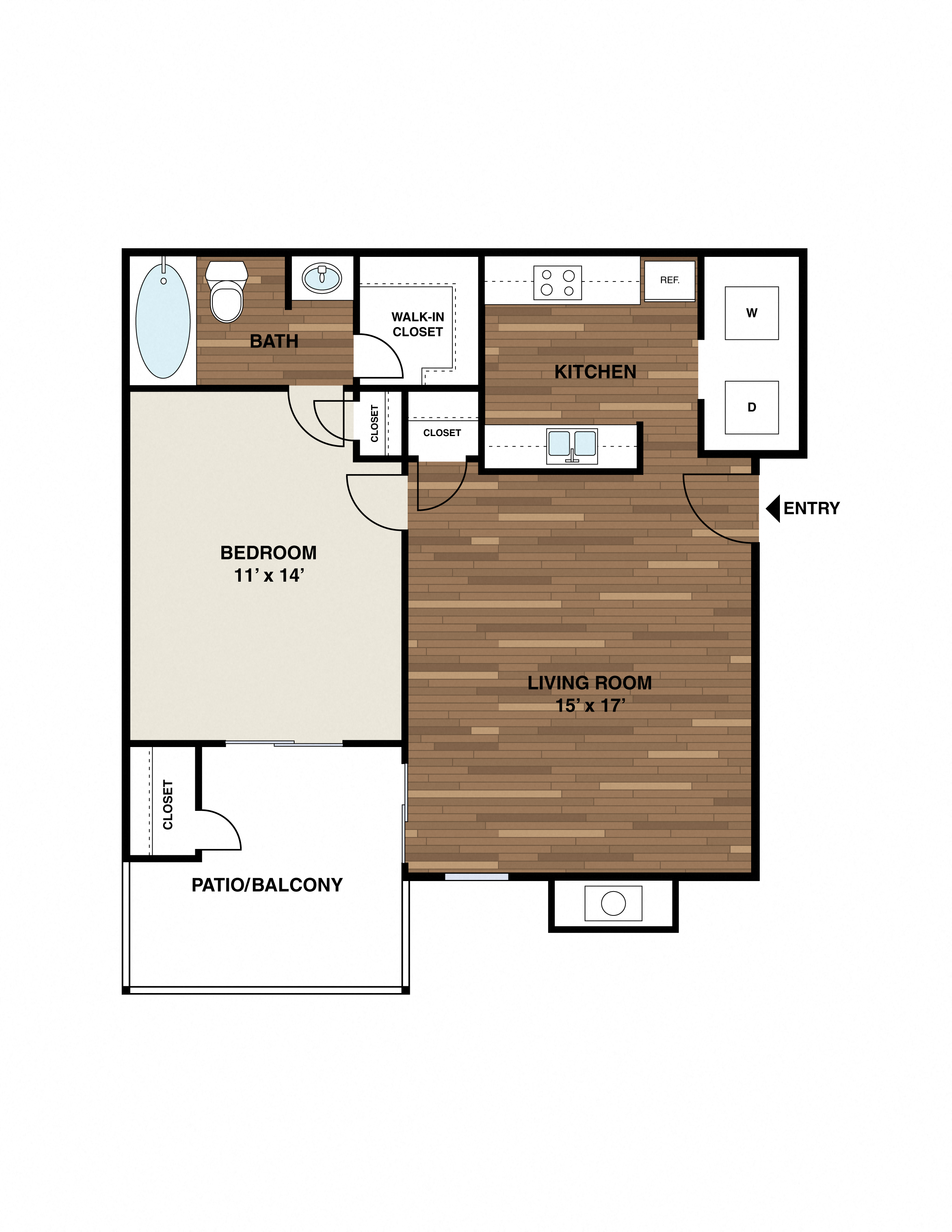 Floor plan for 1 bed, 1 bath, 628 sqft