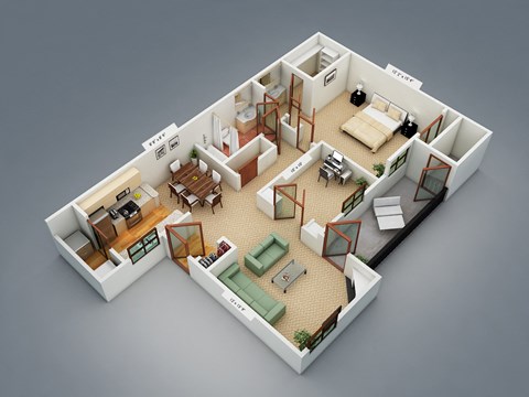 Floor plan for 1 bed, 1 bath, 986 sqft
